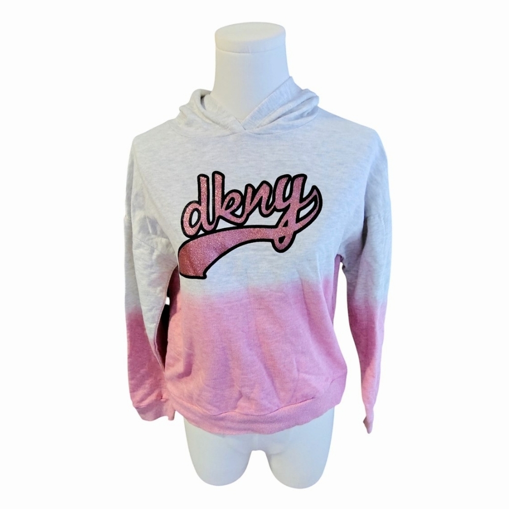 DKNY Glittery Pink and Gray Two Toned Hoodie Sweatshirt Size Large Girls